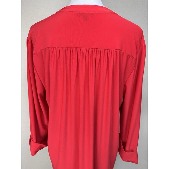Ava & Grace Sz 1X Solid Red Stretch Knit Rolled Tab Popover Blouse Tunic Holiday - Picture 8 of 16